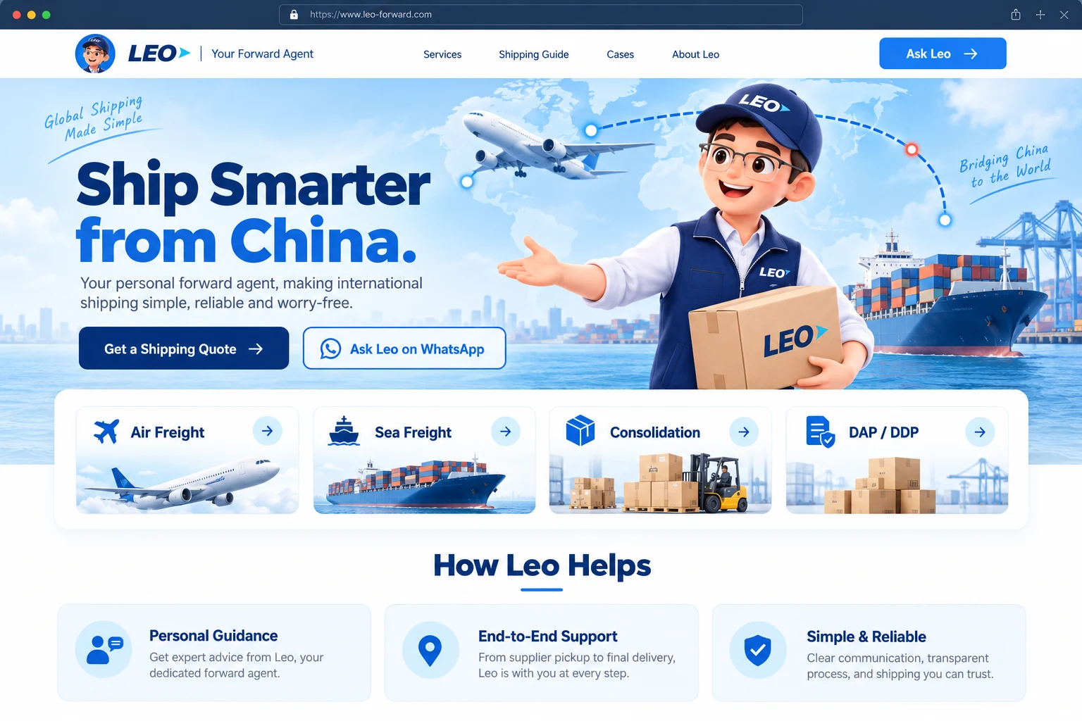 LEO in his navy uniform welcomes customers beside an aircraft, a container ship and a world map connecting China with global destinations.
